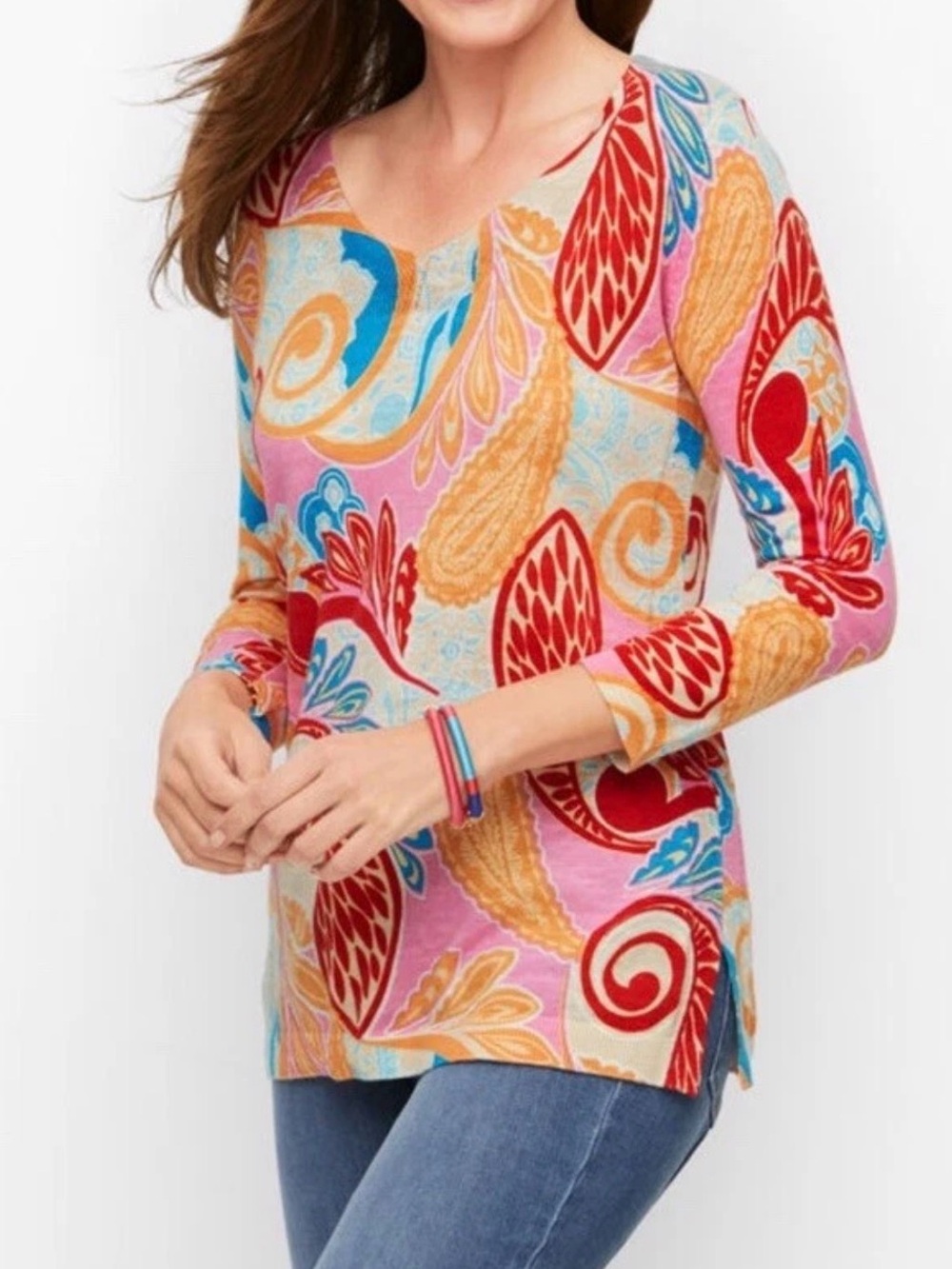 Talbots Multicolor Jungle Paisley V Neck Cotton Knit Sweater 3/4 Sleeve Sz Lg